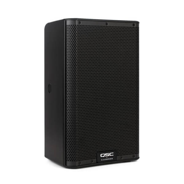 QSC K8.2 black speaker with metal grill front view