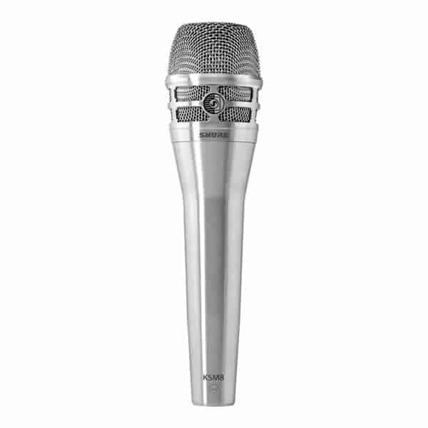 Silver chrome Shure KSM8 handheld microphone side view