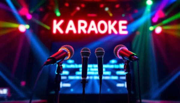 Professional karaoke equipment set up in a vibrant party venu featuring a colourful karaok sign