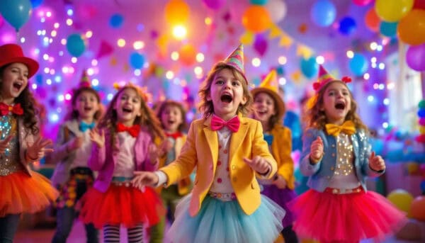 A vibrant scene of children dressed in colourful party costumes joyfully singing and dancing at a kids karaoke party