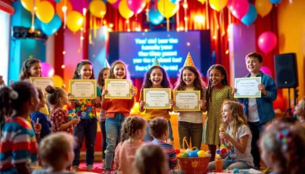 A group of joyful children celebrate at a karaoke party proudly holding up their certificate awards