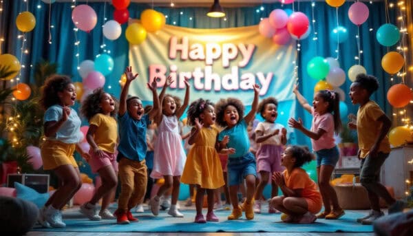 A lively group of children is dancing and singing together in a decorated party room, for a birthday celebration