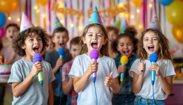 A lively scene at a birthday party where children are singing enthusiastically into colourful microphones